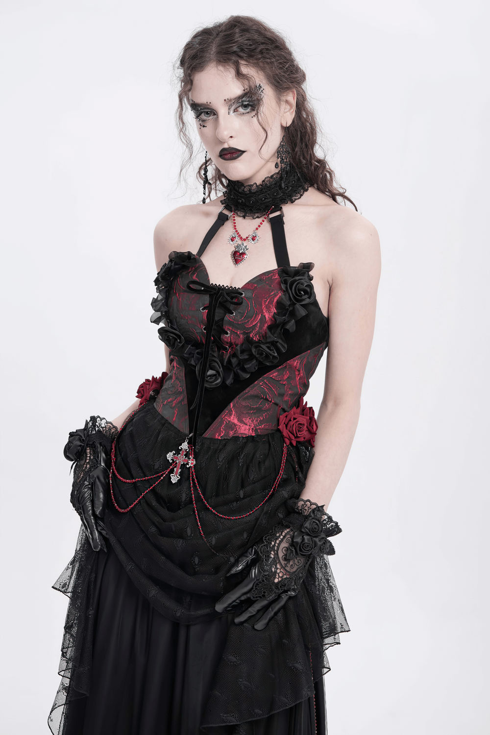 Gothic Black Lace and Satin Rose Gloves with Ruffle