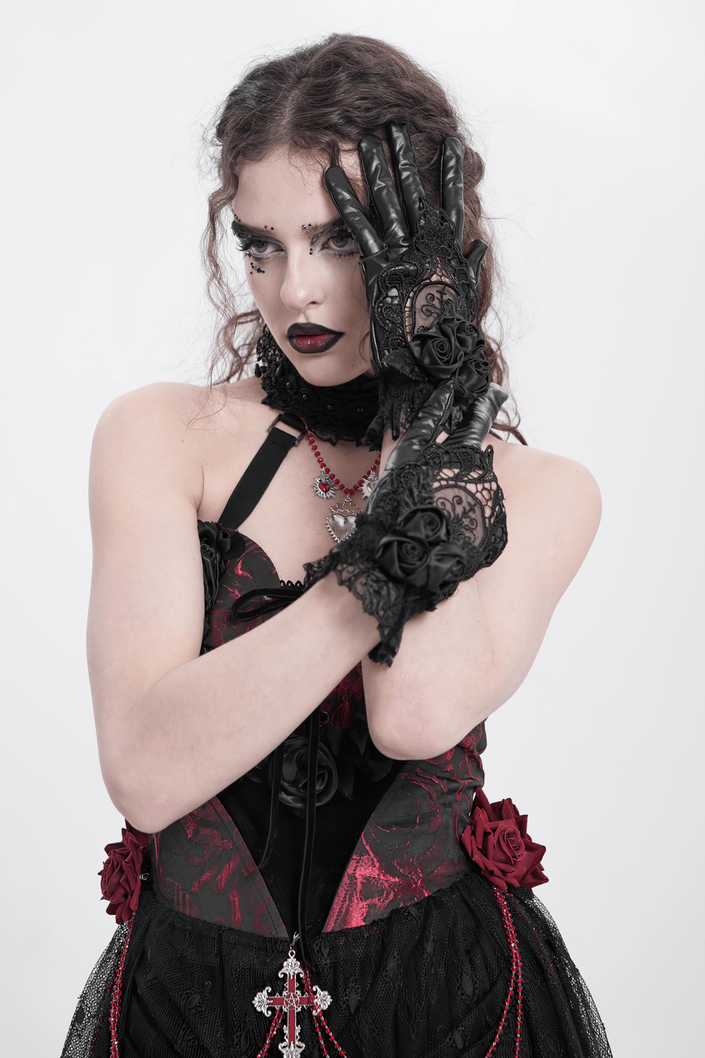 Gothic Black Lace and Satin Rose Gloves with Ruffle