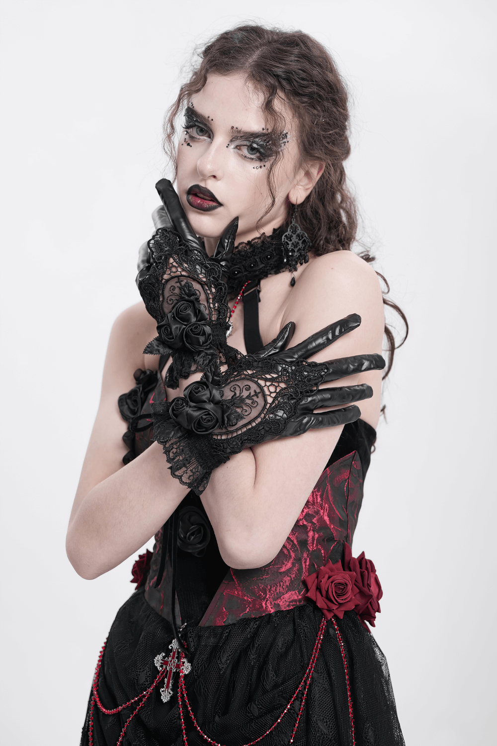 Gothic Black Lace and Satin Rose Gloves with Ruffle