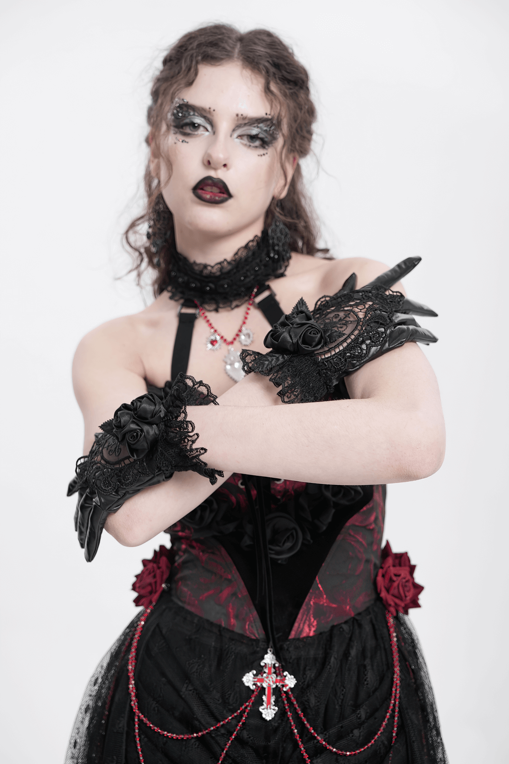 Gothic Black Lace and Satin Rose Gloves with Ruffle
