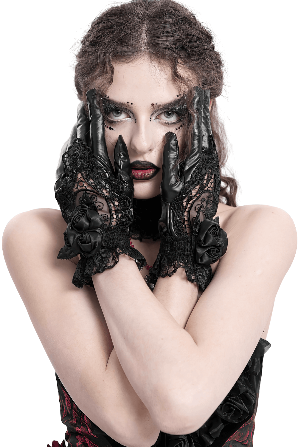 Gothic Black Lace and Satin Rose Gloves with Ruffle