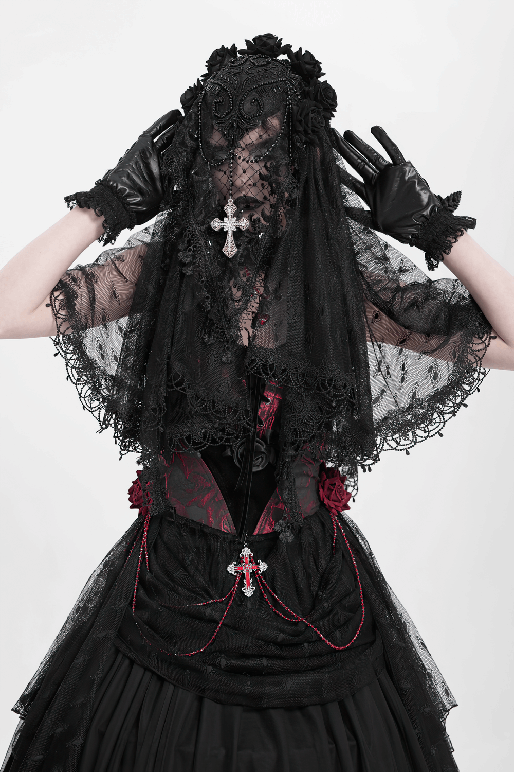 Gothic Black Lace and Satin Rose Gloves with Ruffle