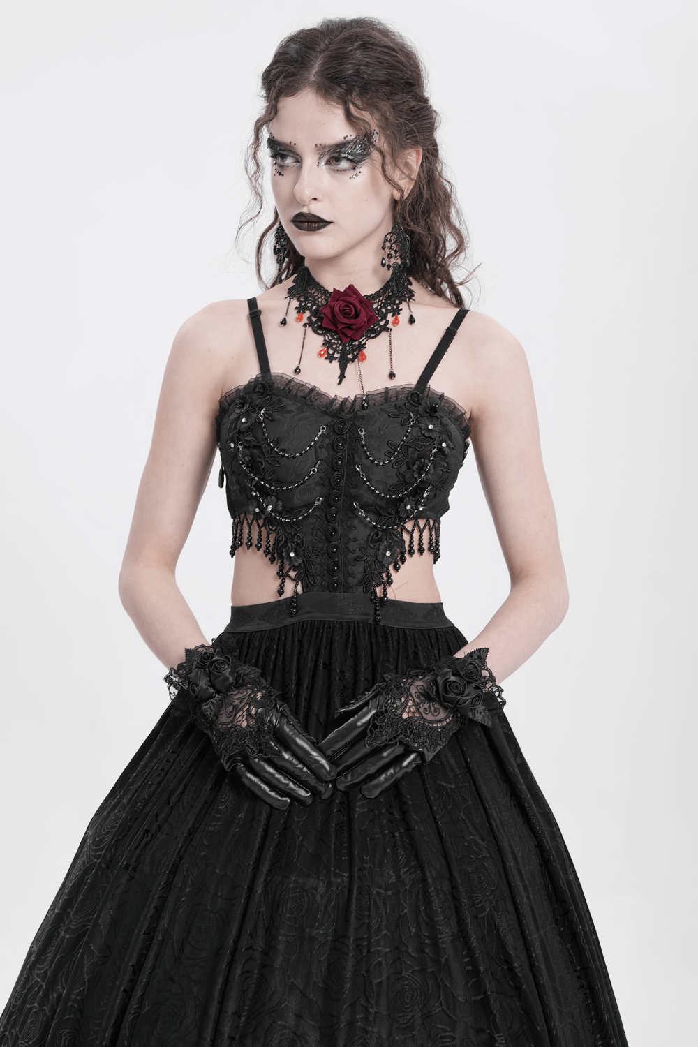 Gothic Black Lace and Satin Rose Gloves with Ruffle