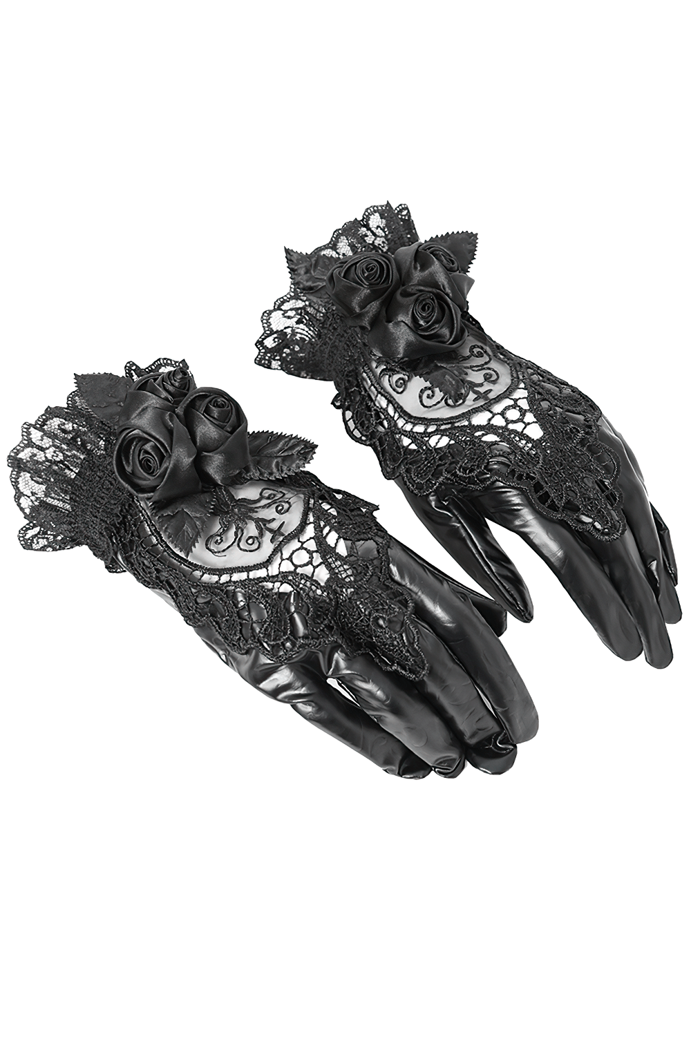 Gothic Black Lace and Satin Rose Gloves with Ruffle