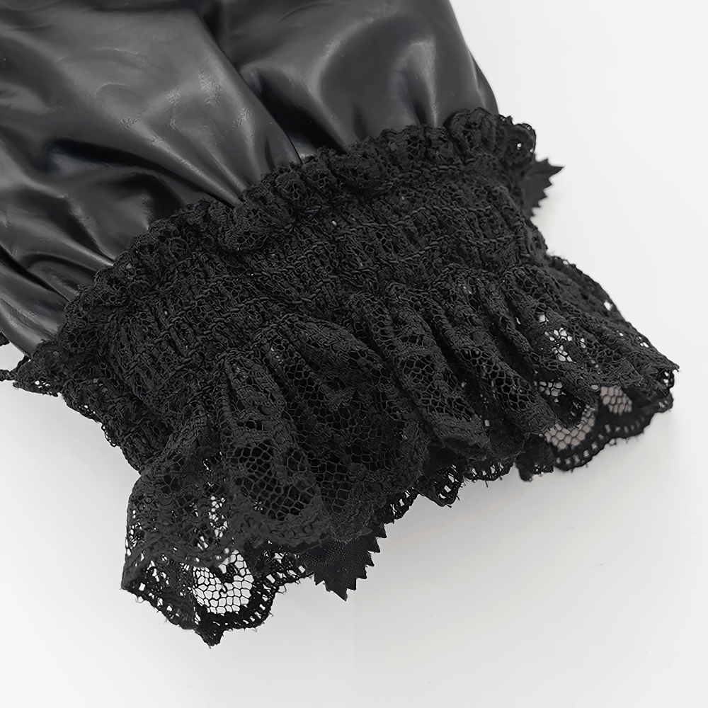Gothic Black Lace and Satin Rose Gloves with Ruffle