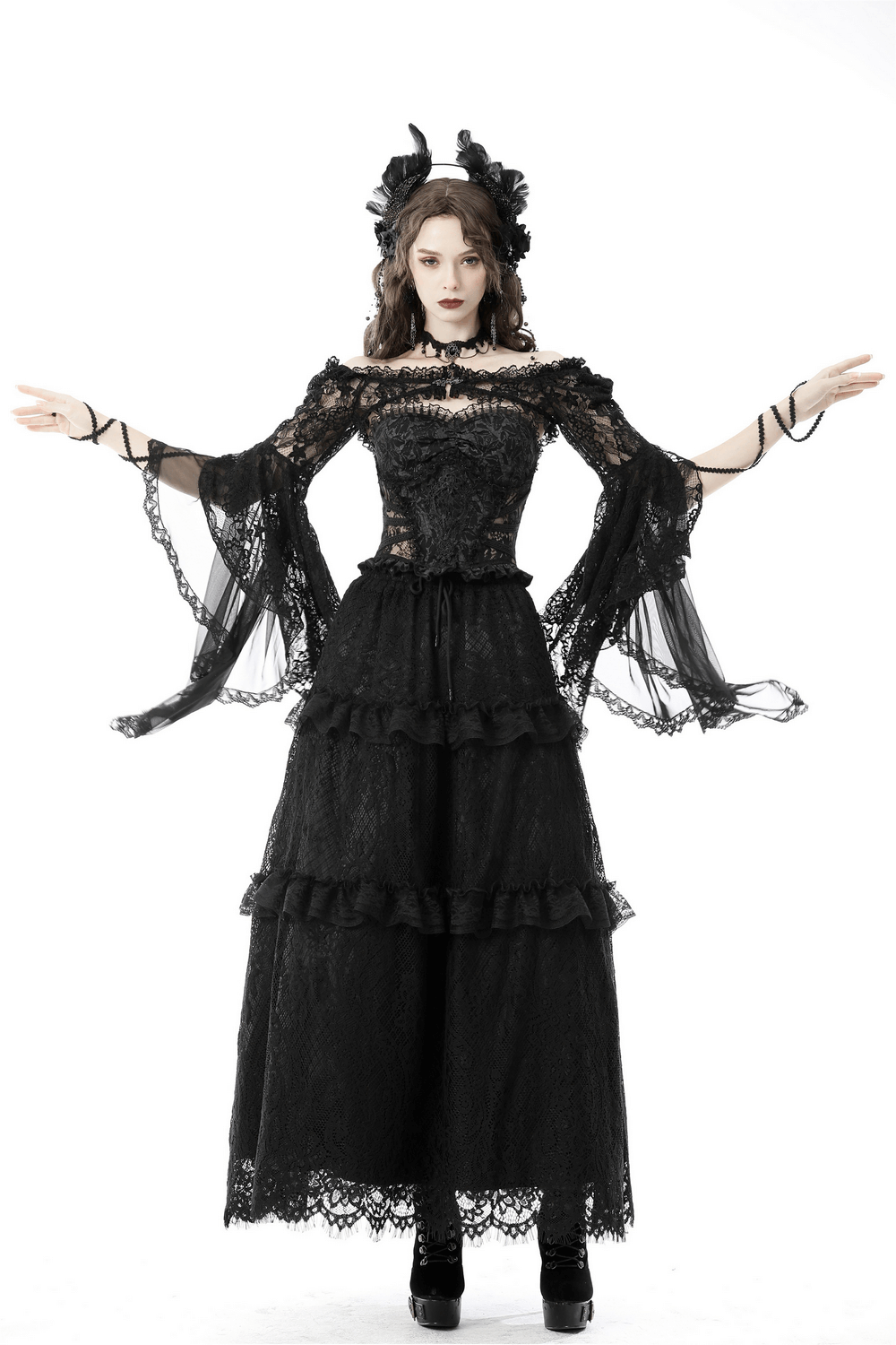 Gothic Black Lace Bell Sleeve Off-the-Shoulder Bolero