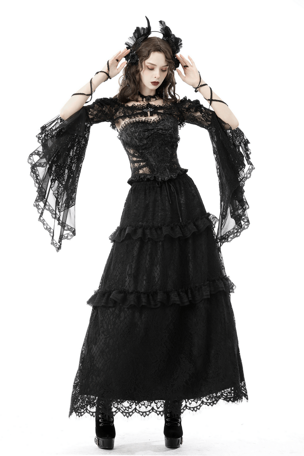 Gothic Black Lace Bell Sleeve Off-the-Shoulder Bolero