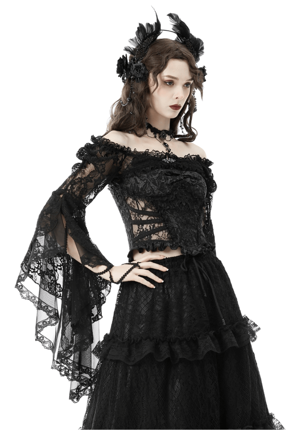 Gothic Black Lace Bell Sleeve Off-the-Shoulder Bolero