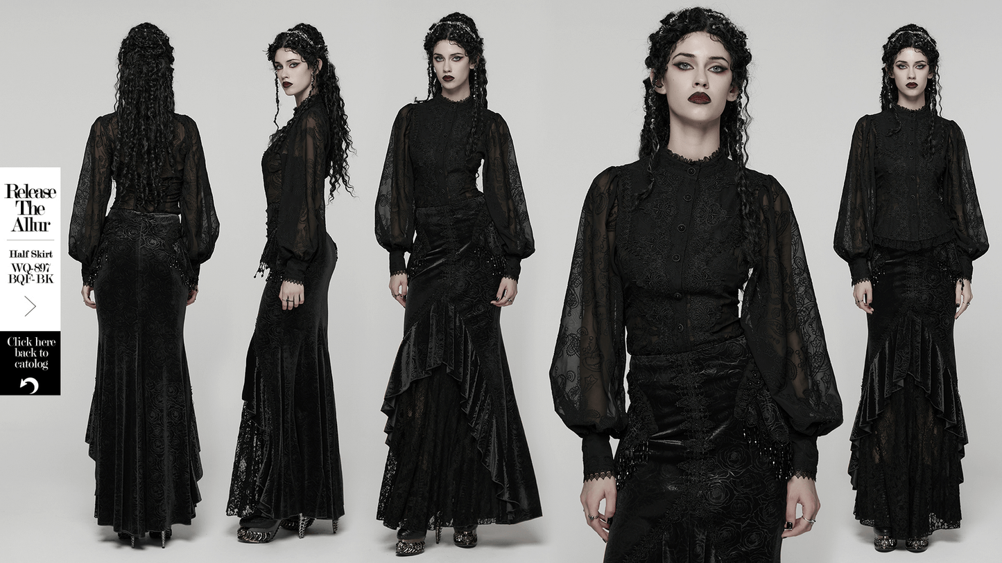 Gothic Black Lace Chiffon Blouse with Corset Back