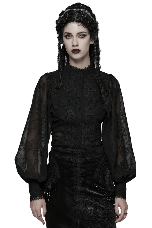 Gothic Black Lace Chiffon Blouse with Corset Back