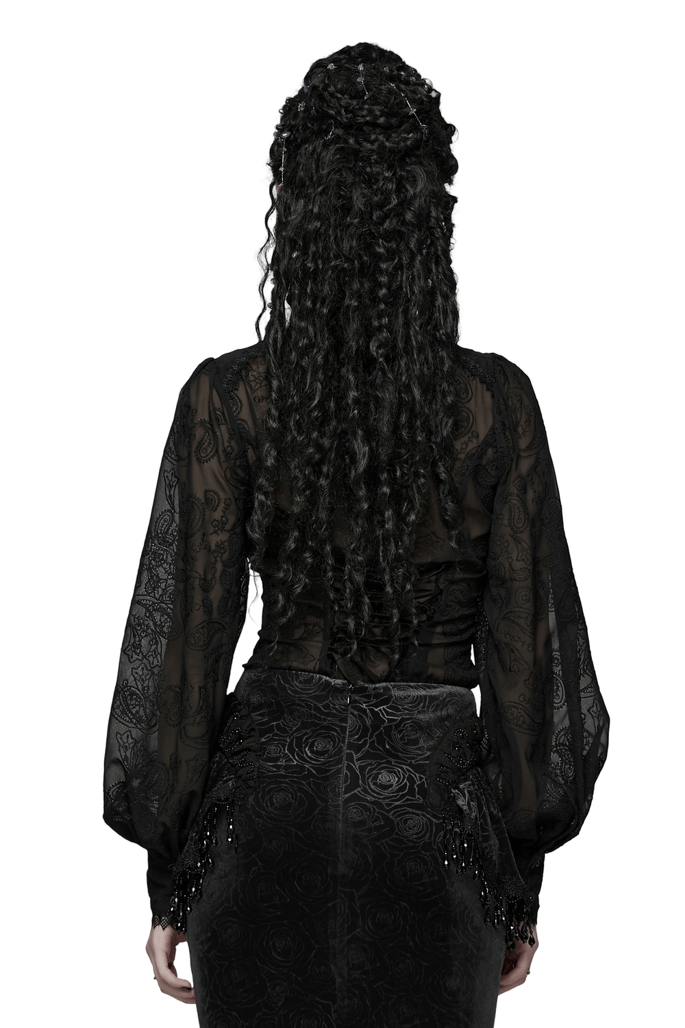 Gothic Black Lace Chiffon Blouse with Corset Back