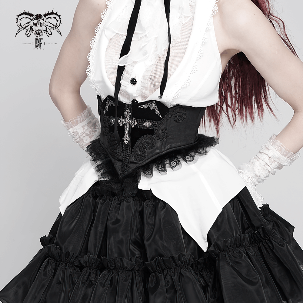 Gothic Black Lace Corset Belt with Cross Embroidery