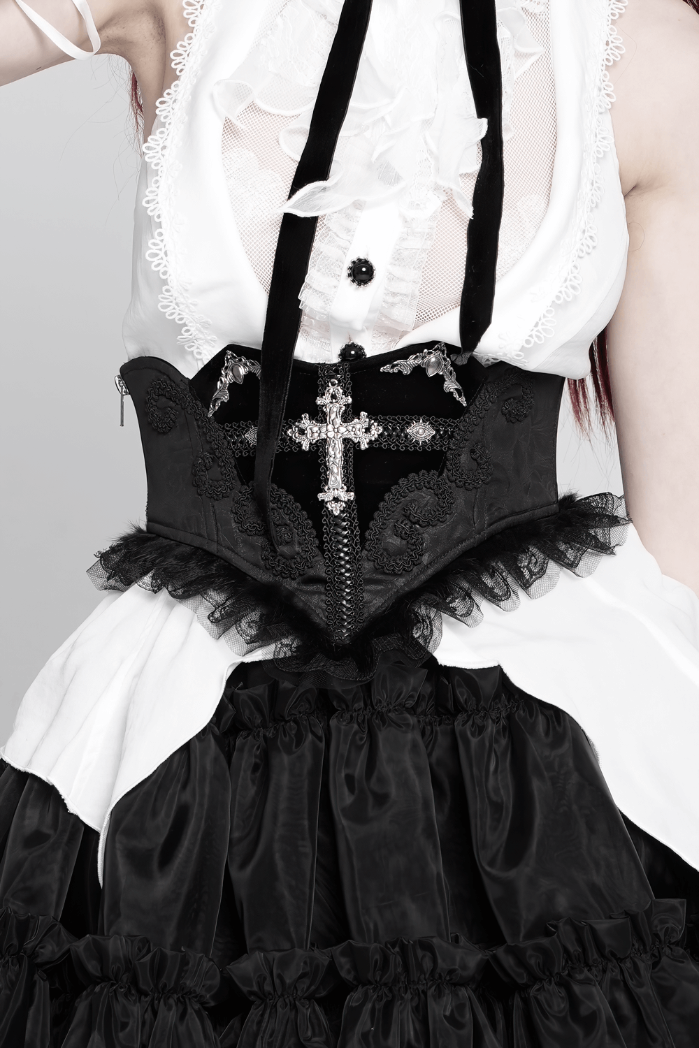 Gothic Black Lace Corset Belt with Cross Embroidery
