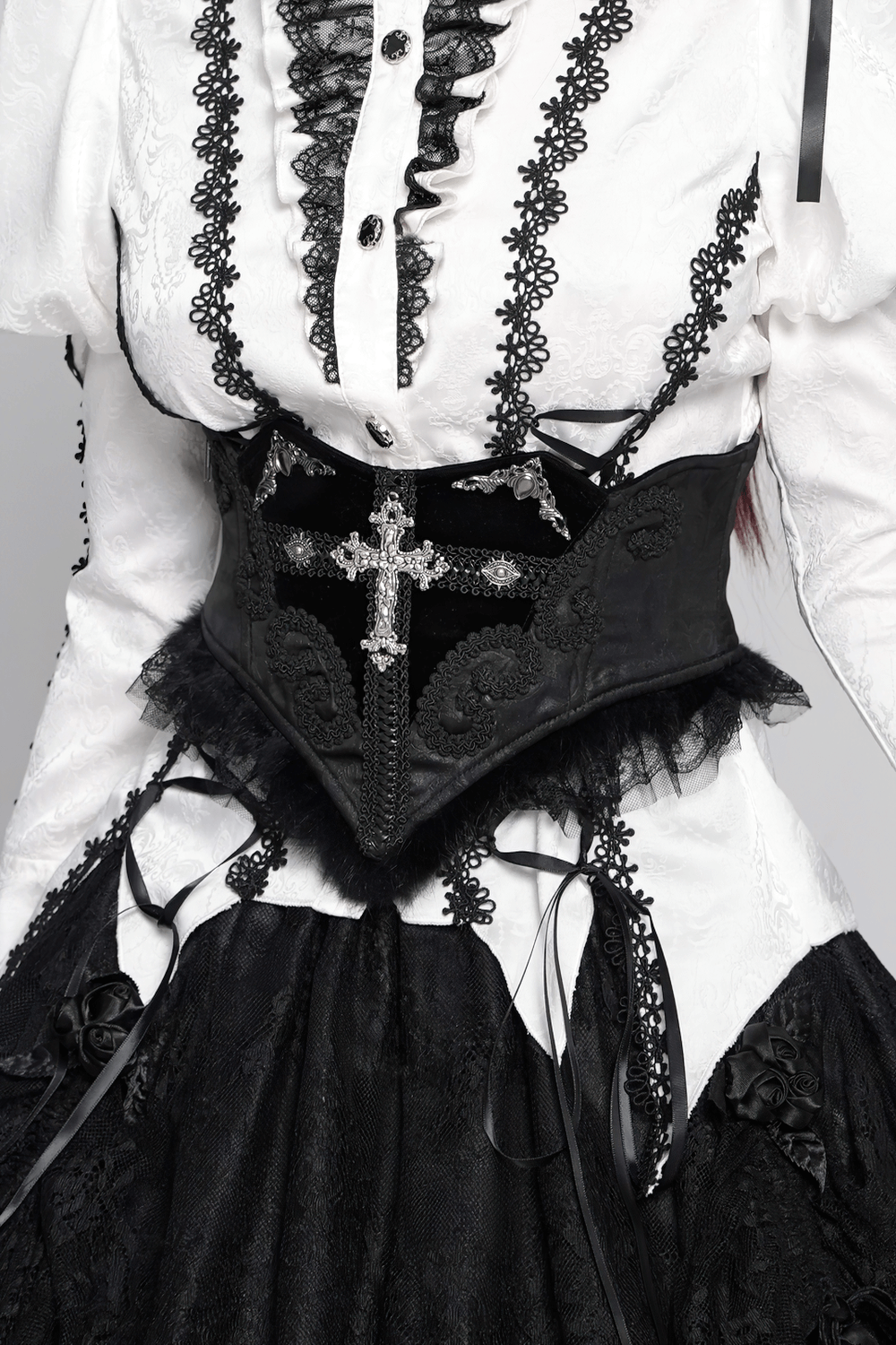 Gothic Black Lace Corset Belt with Cross Embroidery