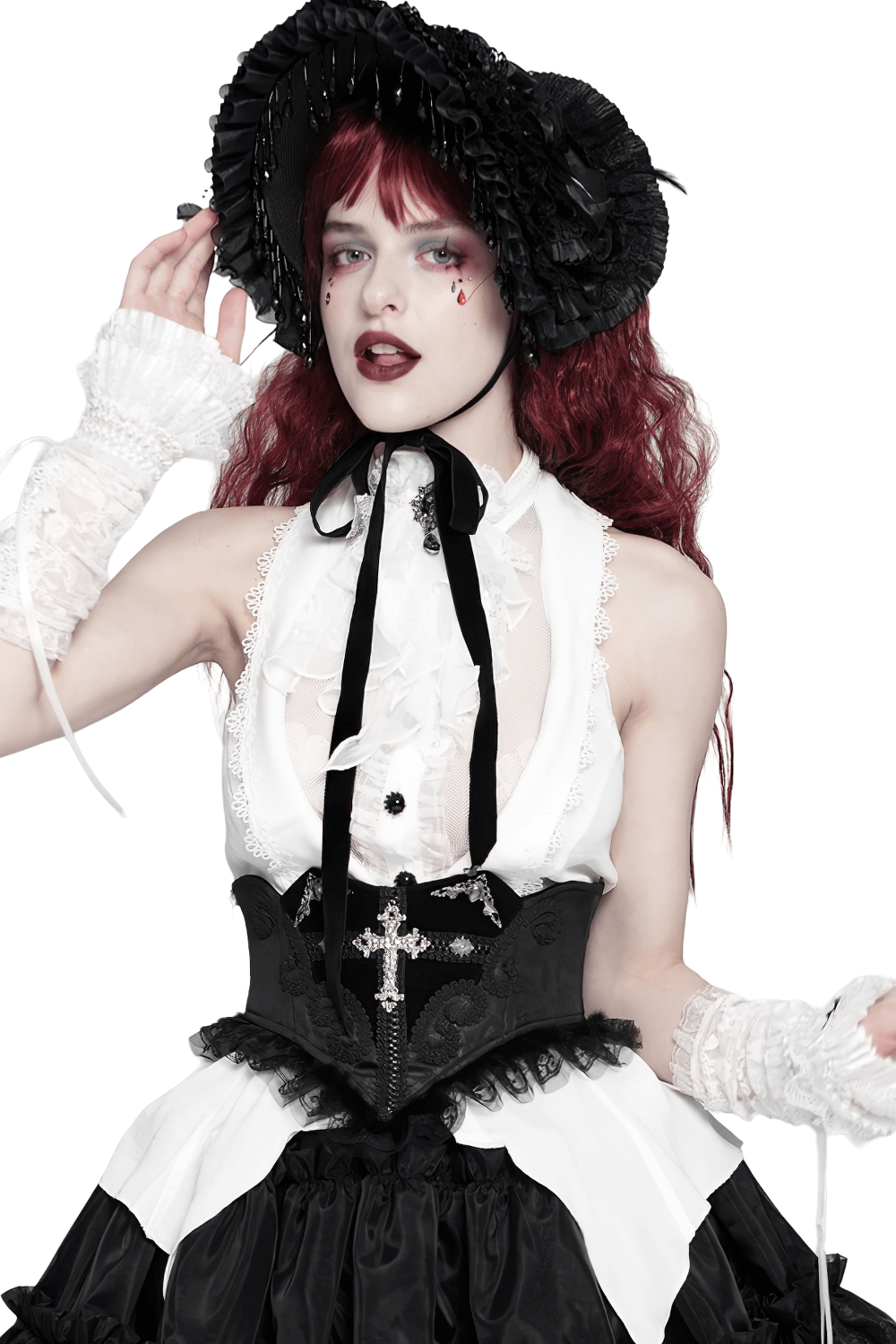 Gothic Black Lace Corset Belt with Cross Embroidery
