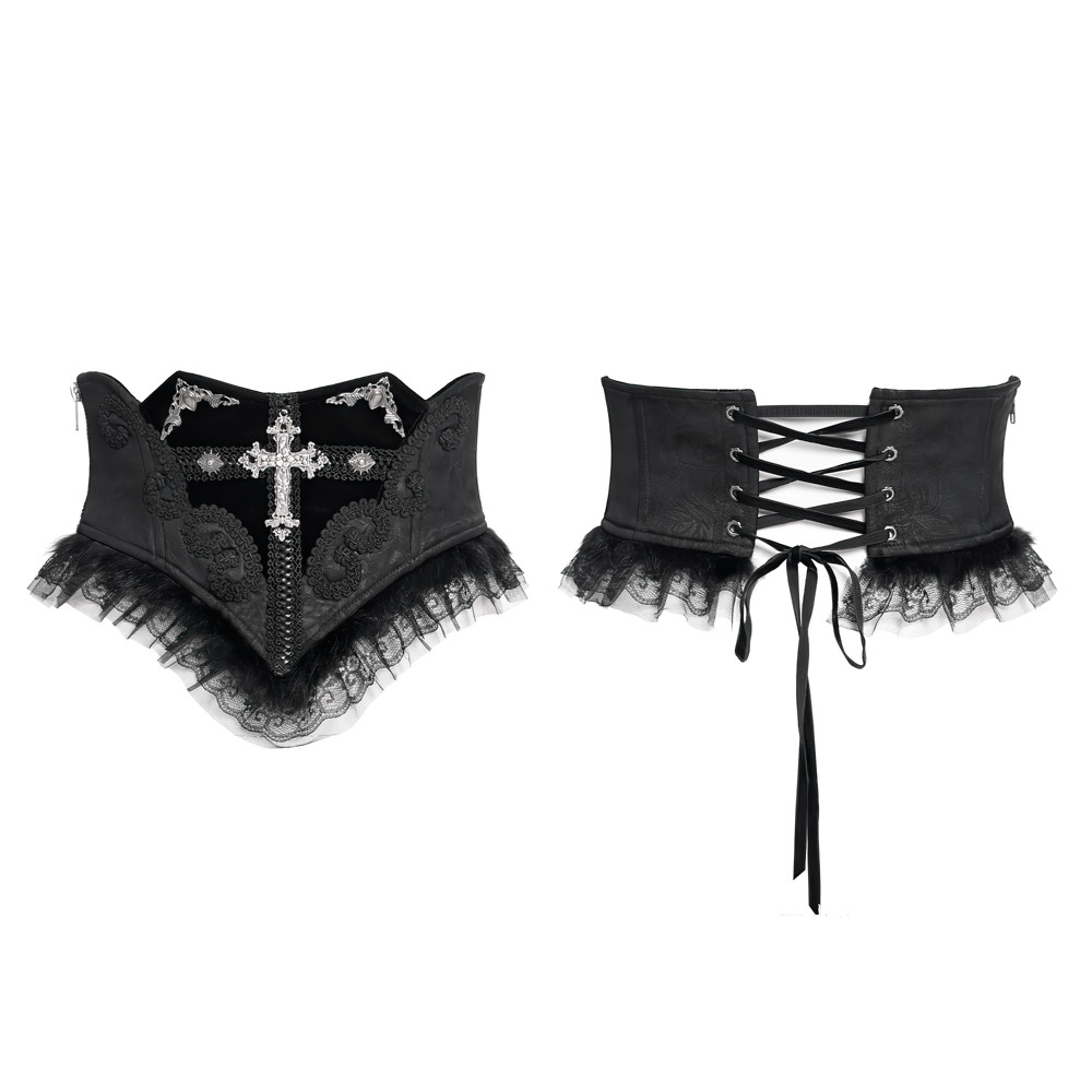 Gothic Black Lace Corset Belt with Cross Embroidery