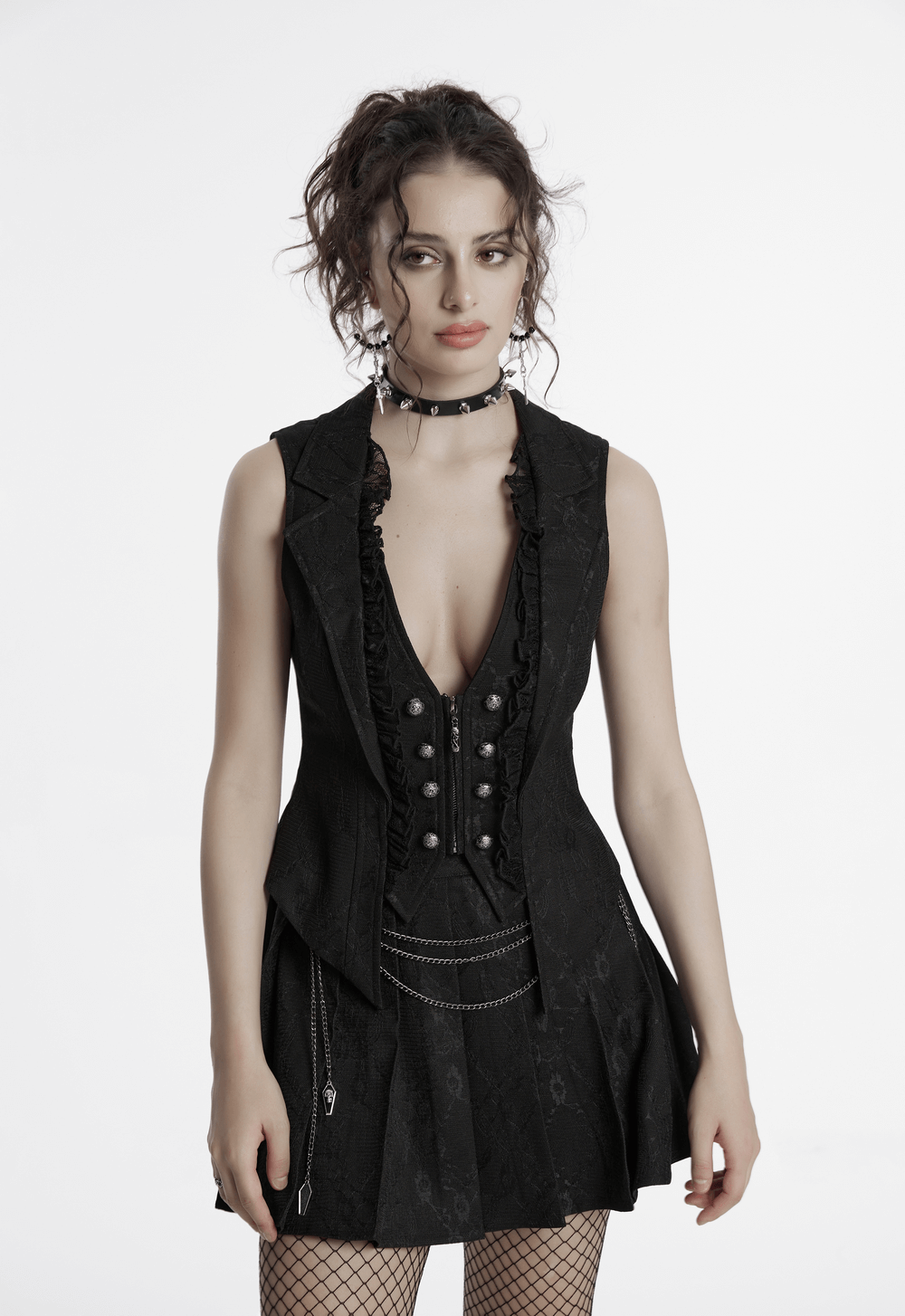 Gothic Black Lace Lapel Waistcoat with Engraved Buttons