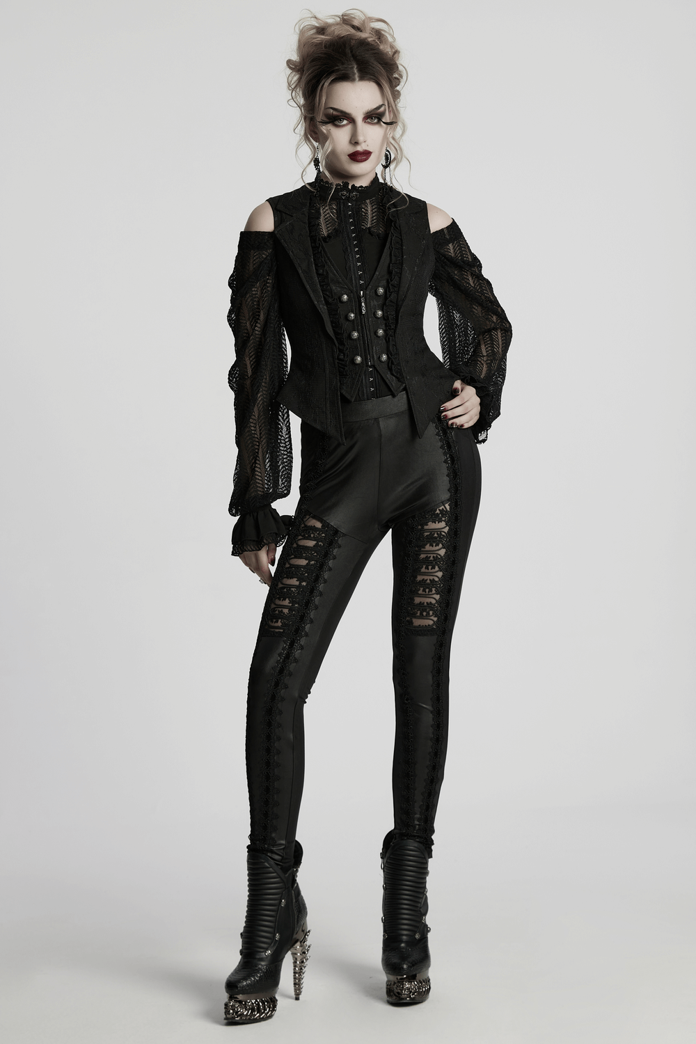 Gothic Black Lace Lapel Waistcoat with Engraved Buttons