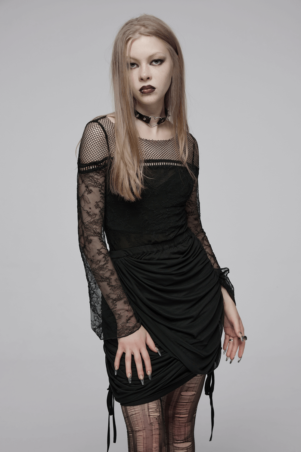 Gothic Black Lace Long Sleeve Top with Mesh Panels