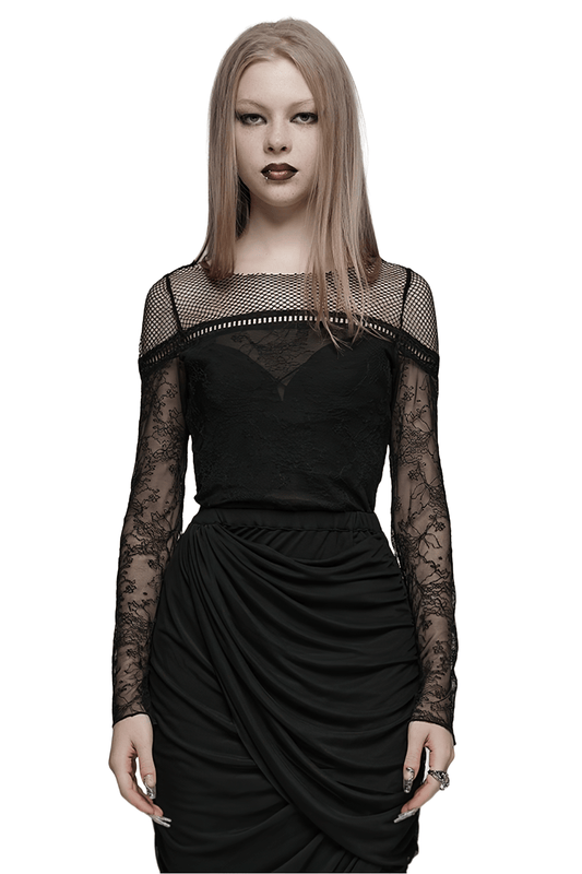 Gothic Black Lace Long Sleeve Top with Mesh Panels