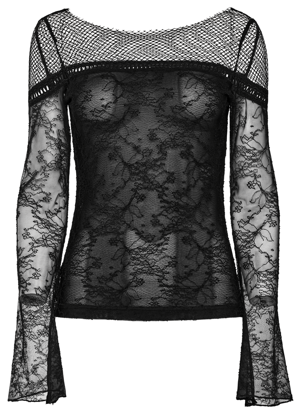 Gothic Black Lace Long Sleeve Top with Mesh Panels