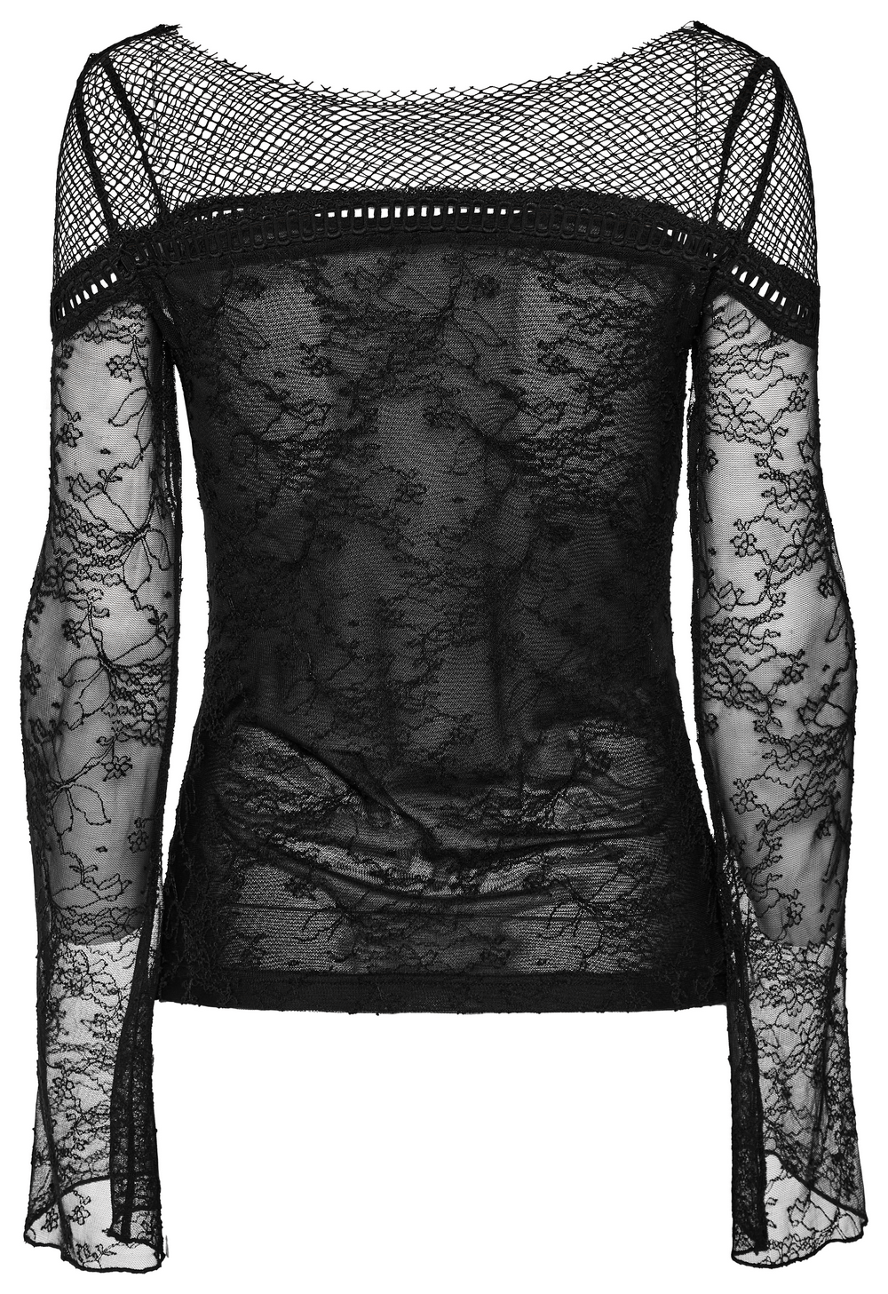 Gothic Black Lace Long Sleeve Top with Mesh Panels