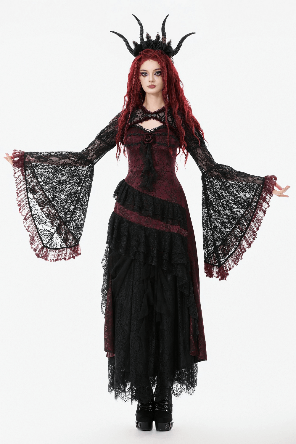 Gothic Black Lace Shrug with Red Ruffled Trim Sleeves