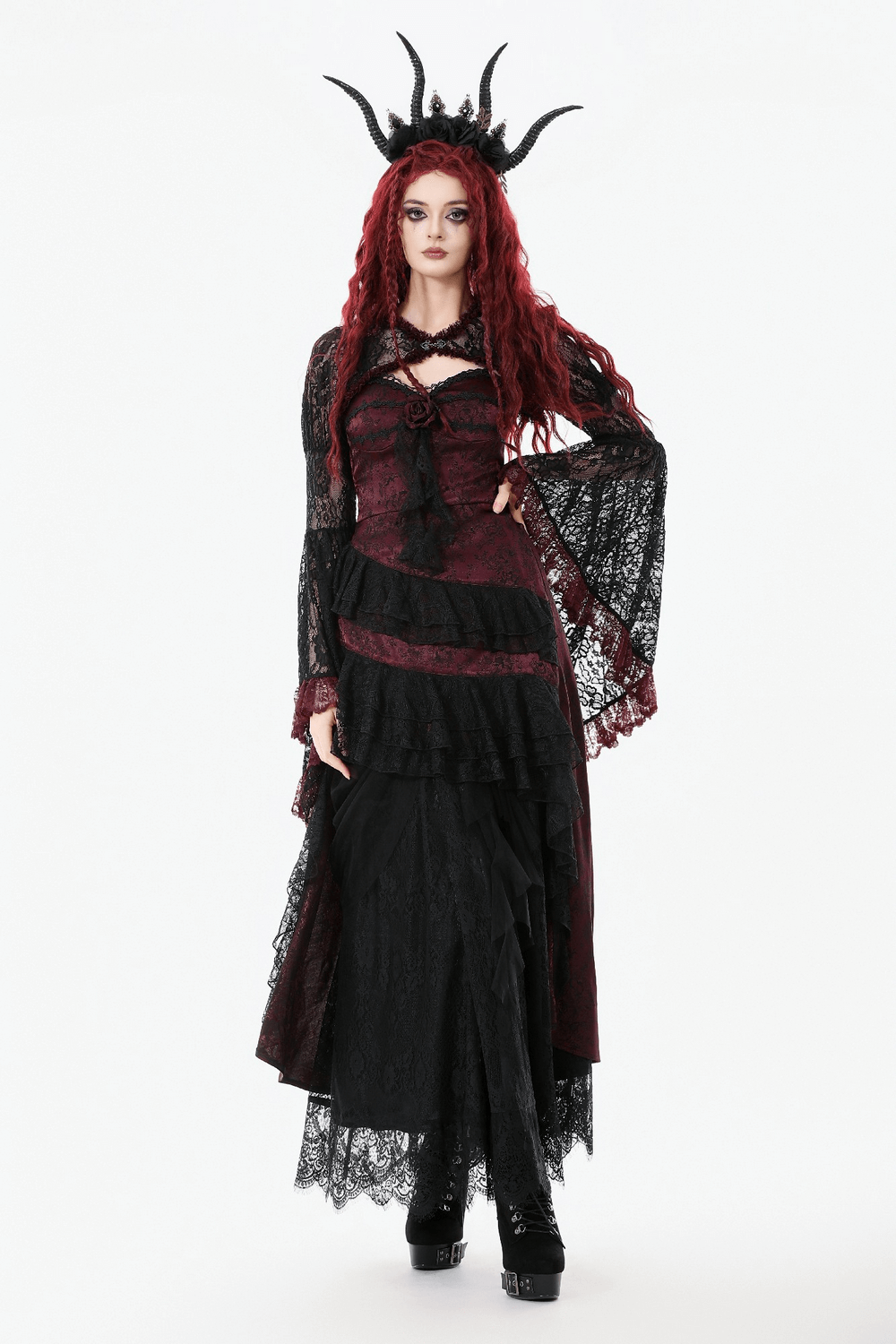 Gothic Black Lace Shrug with Red Ruffled Trim Sleeves