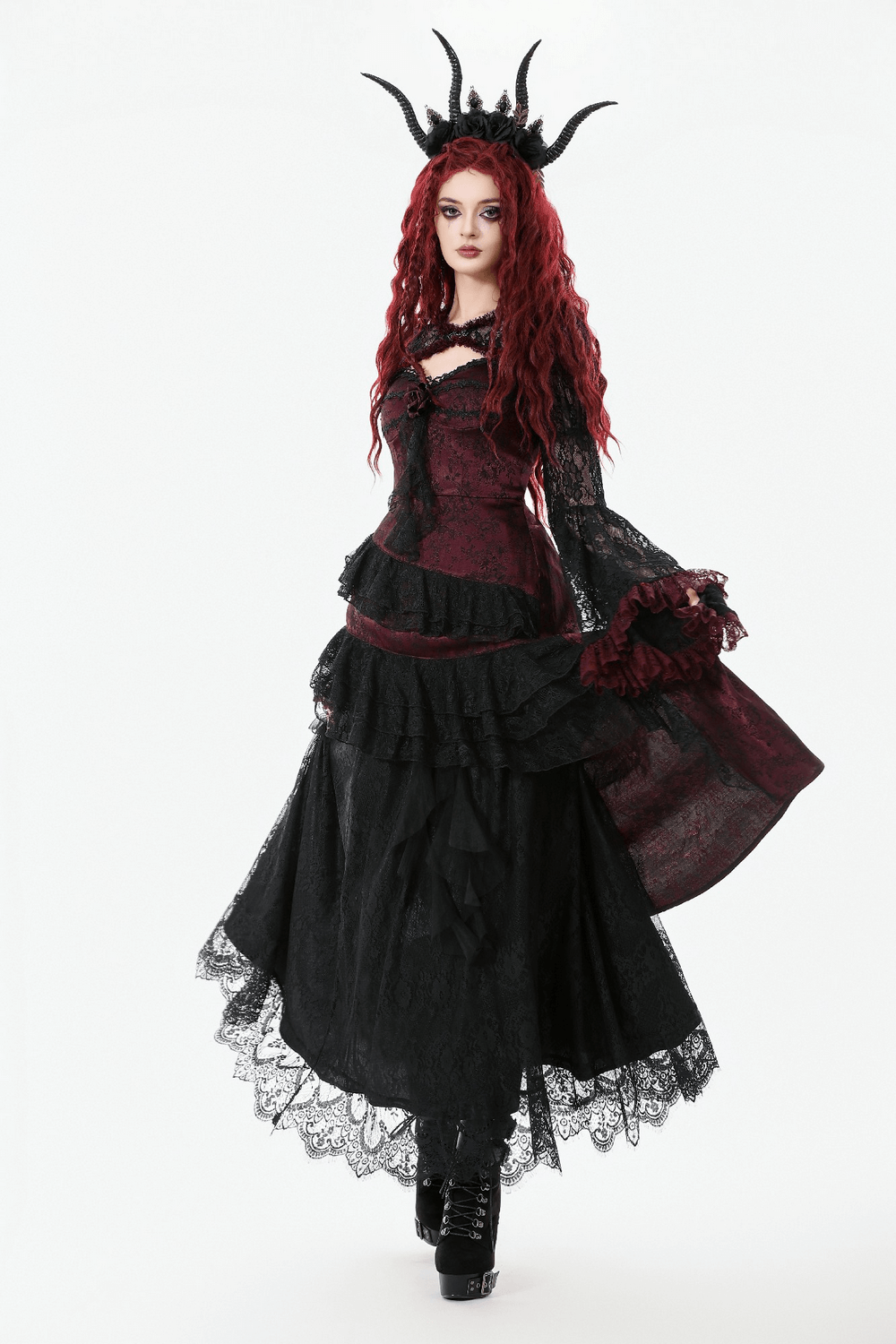 Gothic Black Lace Shrug with Red Ruffled Trim Sleeves