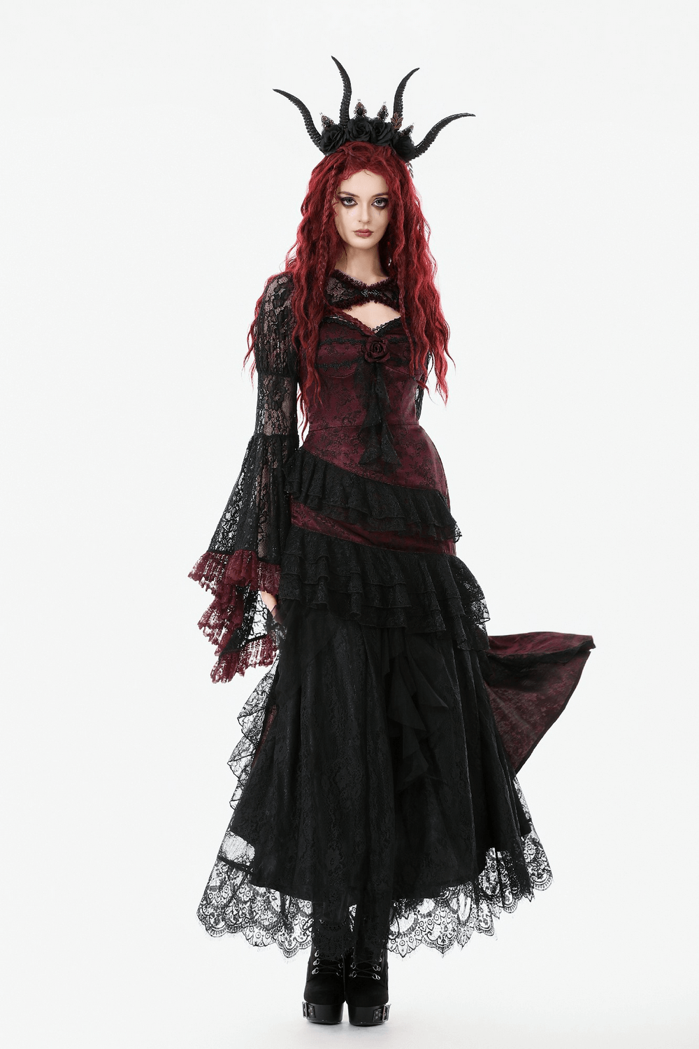 Gothic Black Lace Shrug with Red Ruffled Trim Sleeves