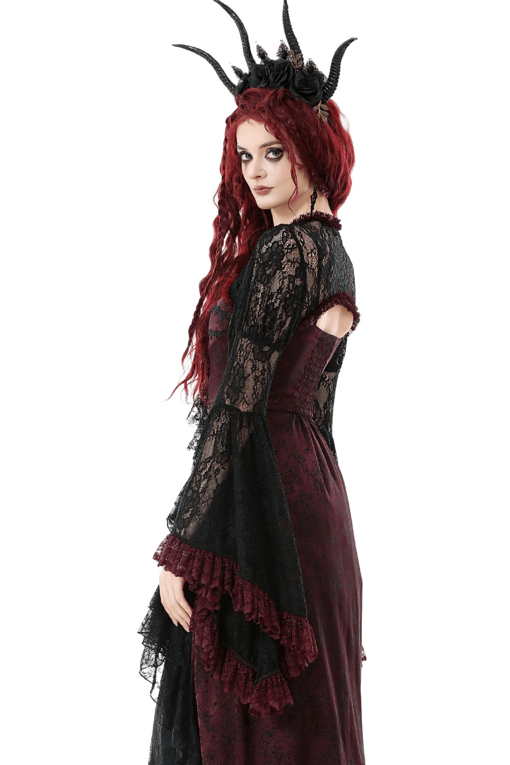 Gothic Black Lace Shrug with Red Ruffled Trim Sleeves