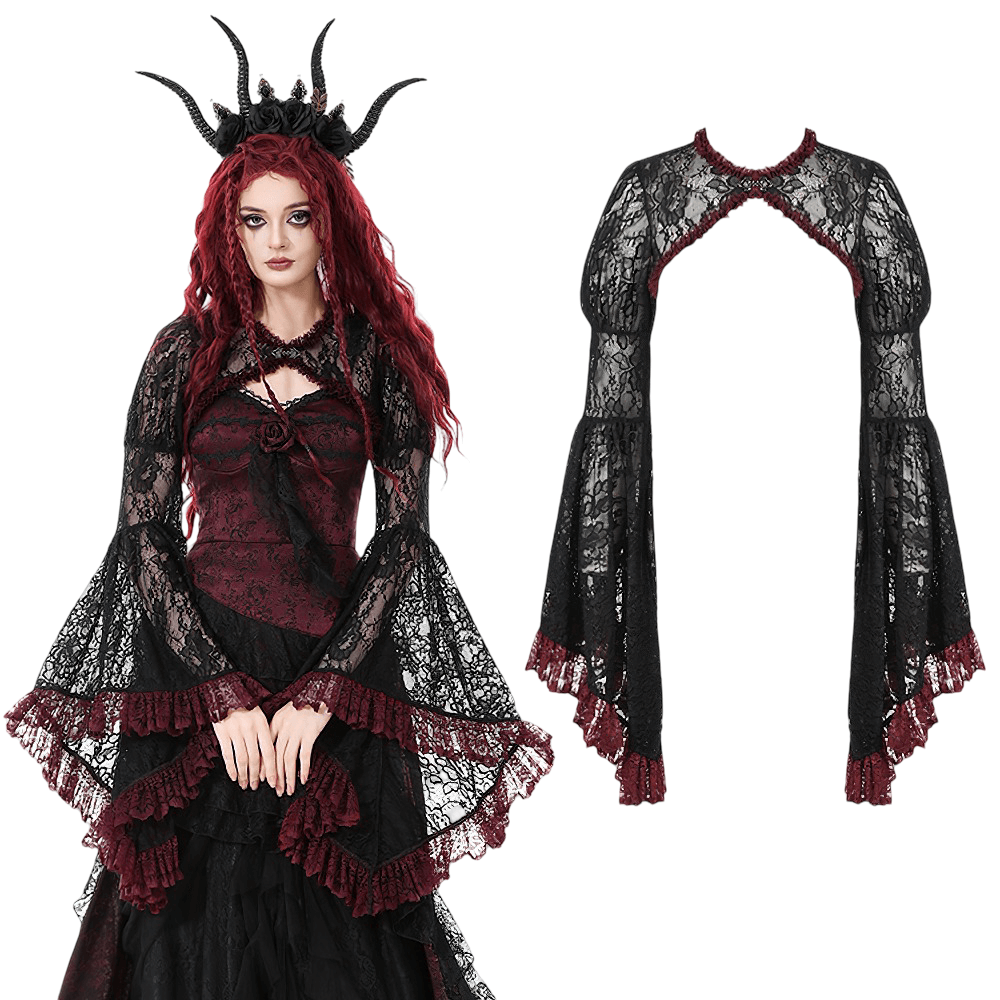 Gothic Black Lace Shrug with Red Ruffled Trim Sleeves