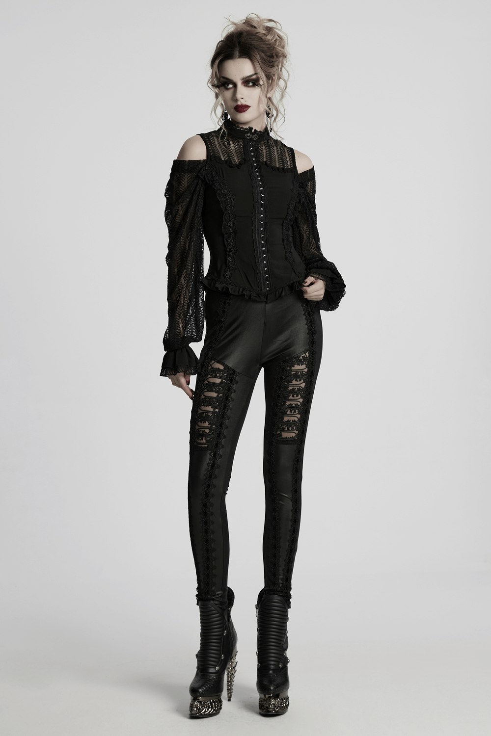 Gothic Black Lace Swing Sleeved Shirt with Rose Details