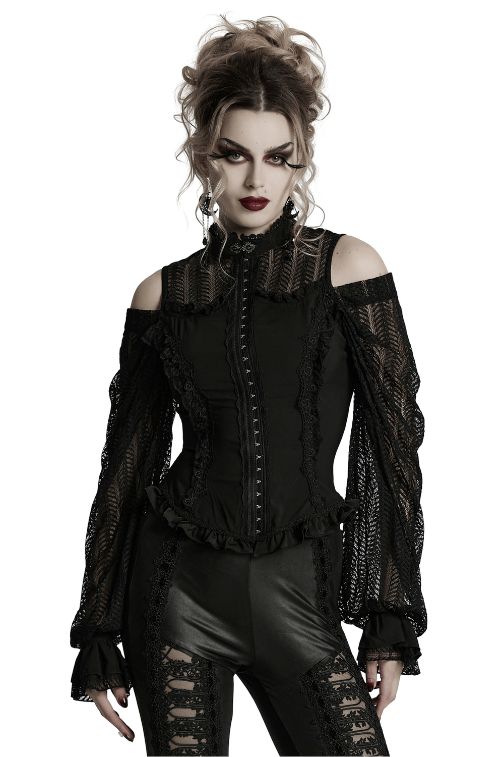 Gothic Black Lace Swing Sleeved Shirt with Rose Details