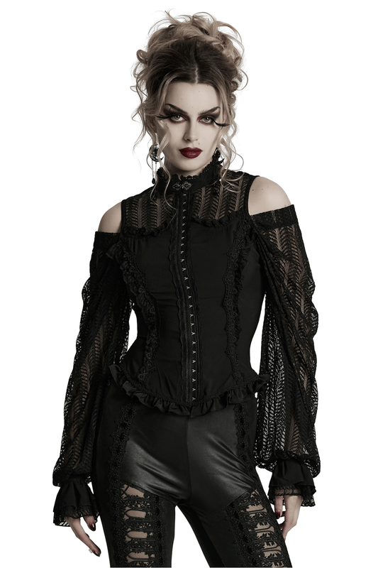 Gothic Black Lace Swing Sleeved Shirt with Rose Details