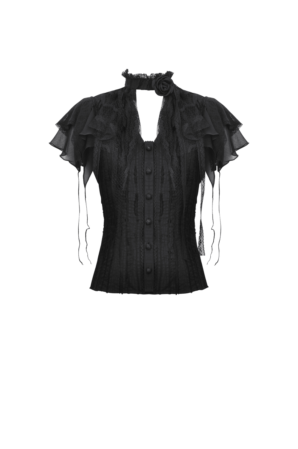 Gothic Black Lace Trim Blouse with Ruffled Sleeves