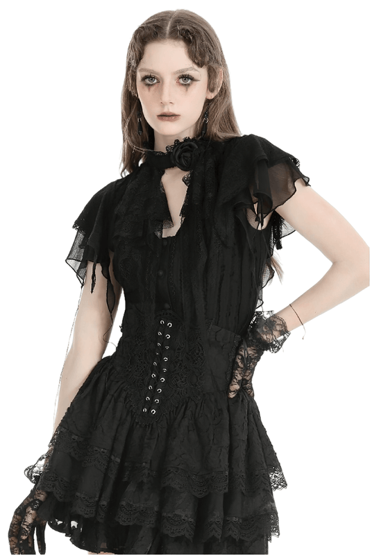 Gothic Black Lace Trim Blouse with Ruffled Sleeves