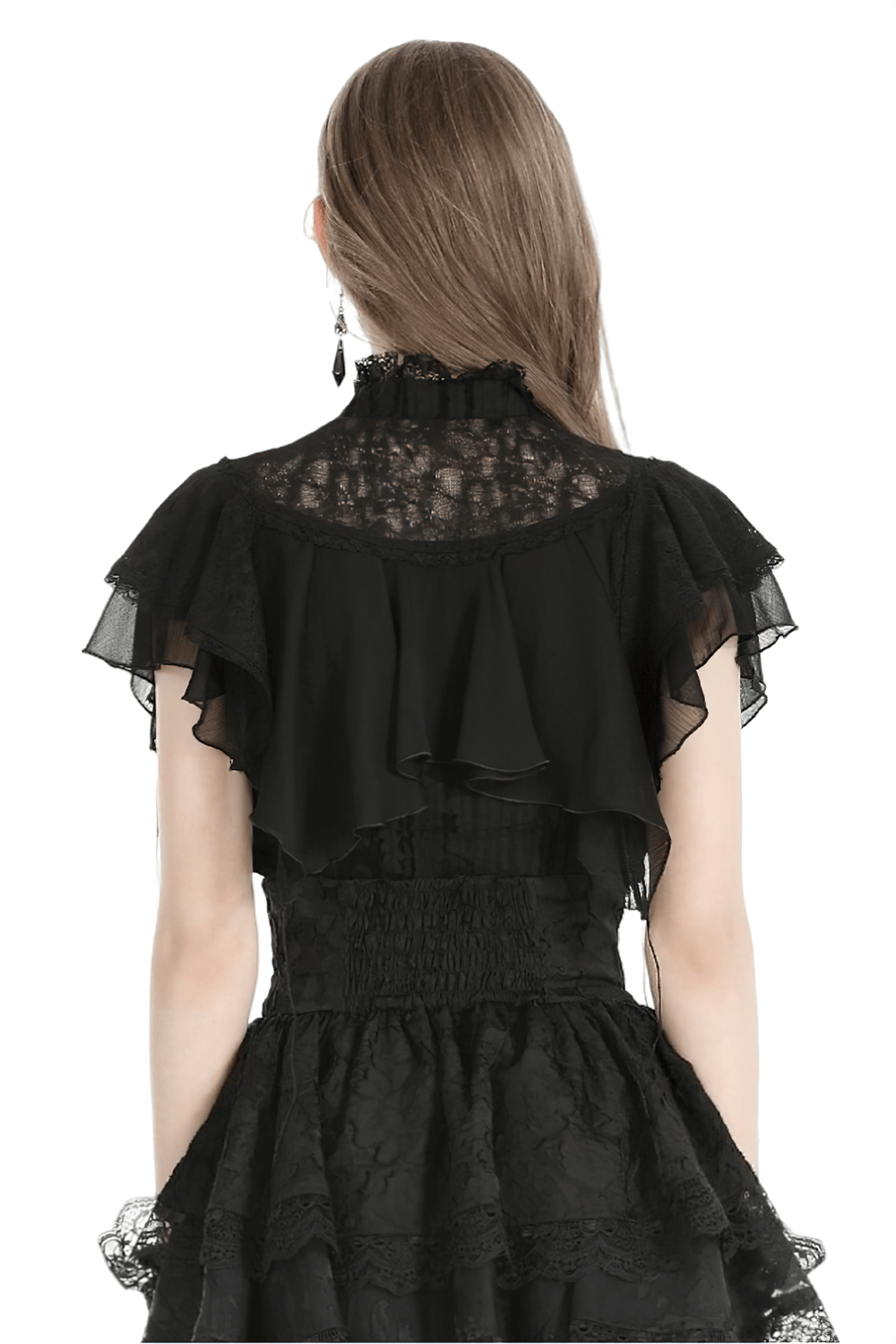 Gothic Black Lace Trim Blouse with Ruffled Sleeves