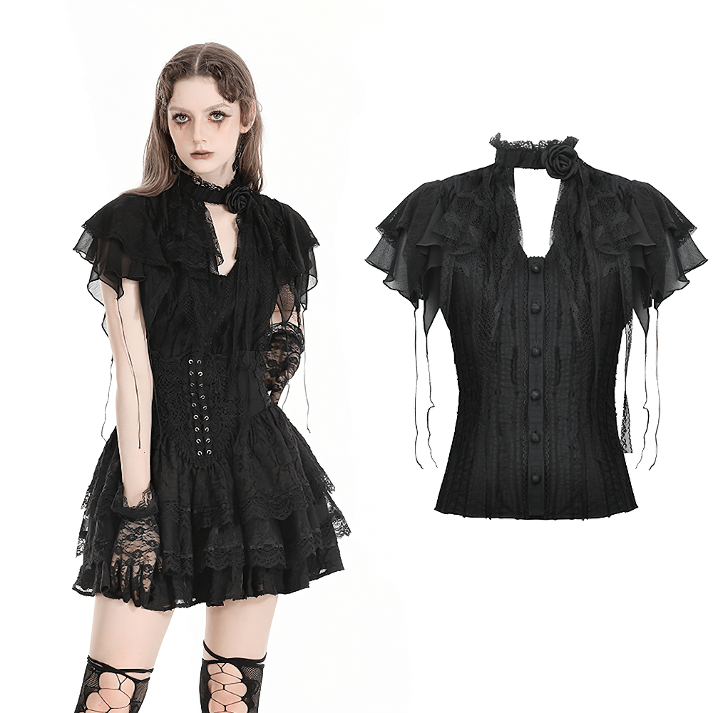 Gothic Black Lace Trim Blouse with Ruffled Sleeves