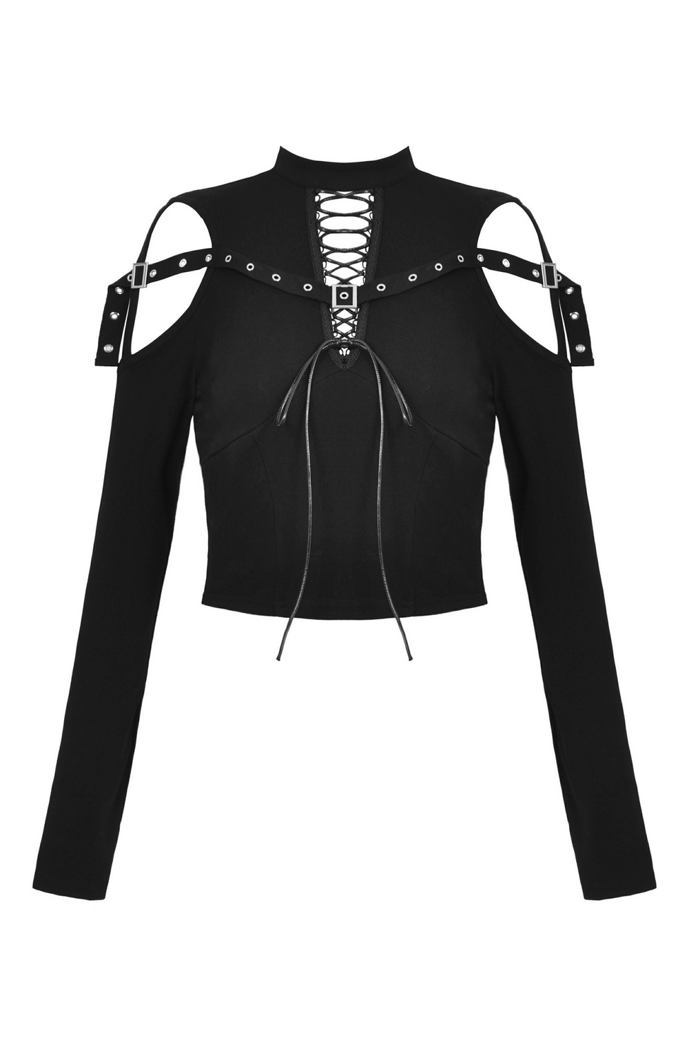 Gothic Black Lace-Up Crop Top with Cut-Out Details