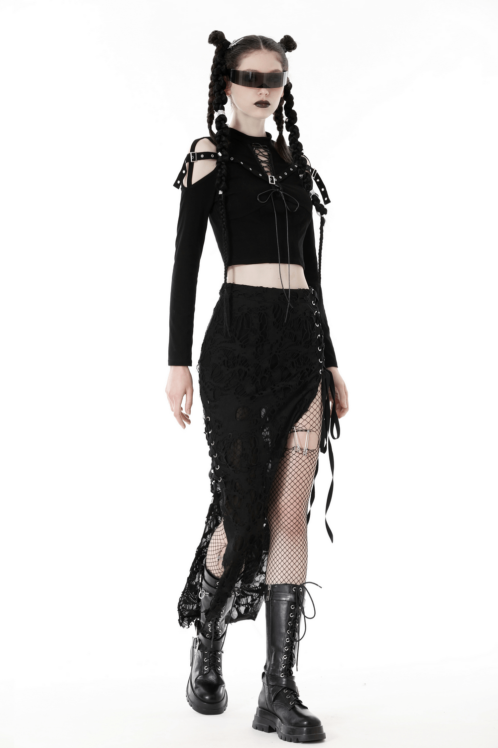 Gothic Black Lace-Up Crop Top with Cut-Out Details