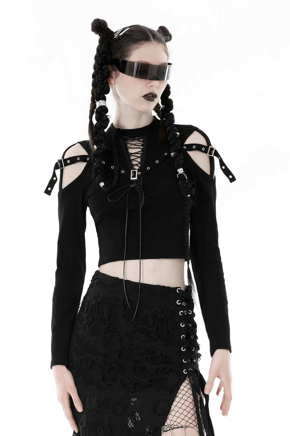Gothic Black Lace-Up Crop Top with Cut-Out Details