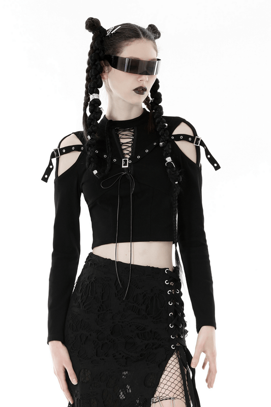 Gothic Black Lace-Up Crop Top with Cut-Out Details