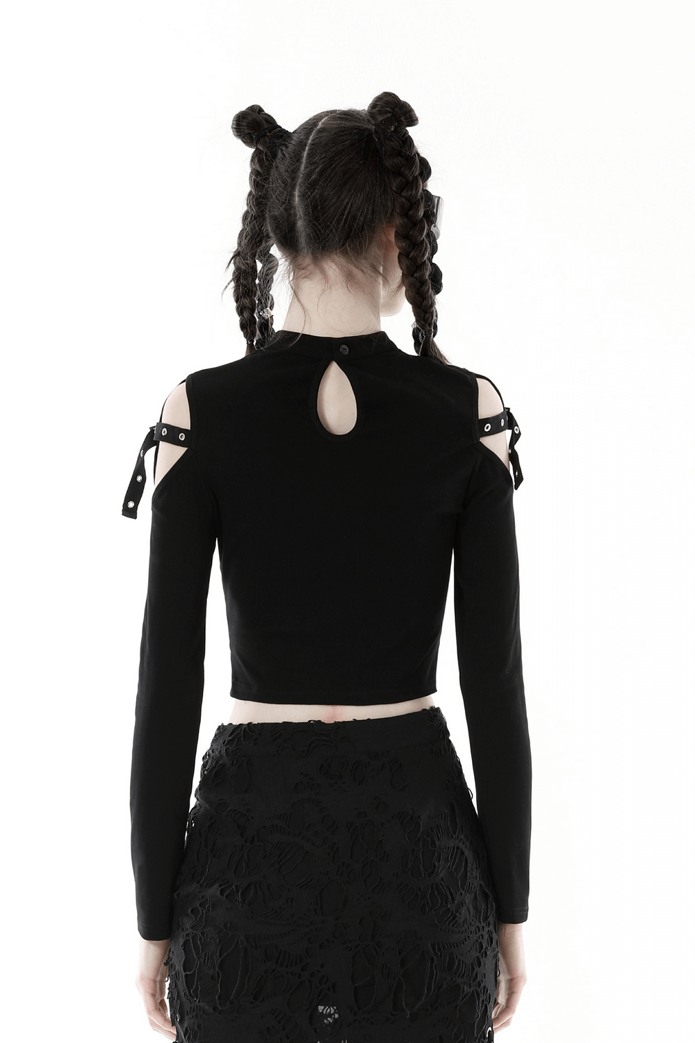 Gothic Black Lace-Up Crop Top with Cut-Out Details
