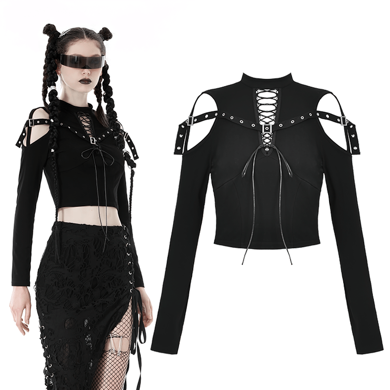 Gothic Black Lace-Up Crop Top with Cut-Out Details