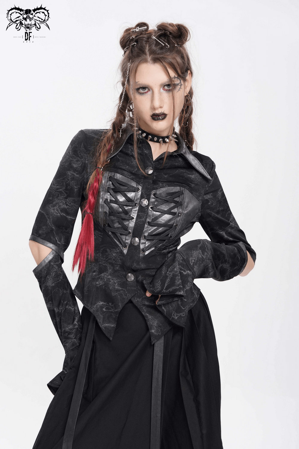 Gothic Black Lace-Up Shirt with Cut-Out Sleeves