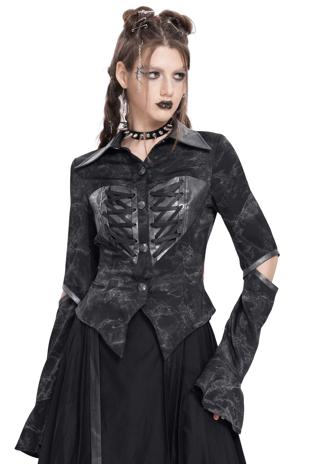 Gothic Black Lace-Up Shirt with Cut-Out Sleeves