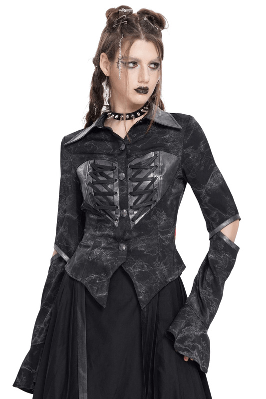 Gothic Black Lace-Up Shirt with Cut-Out Sleeves