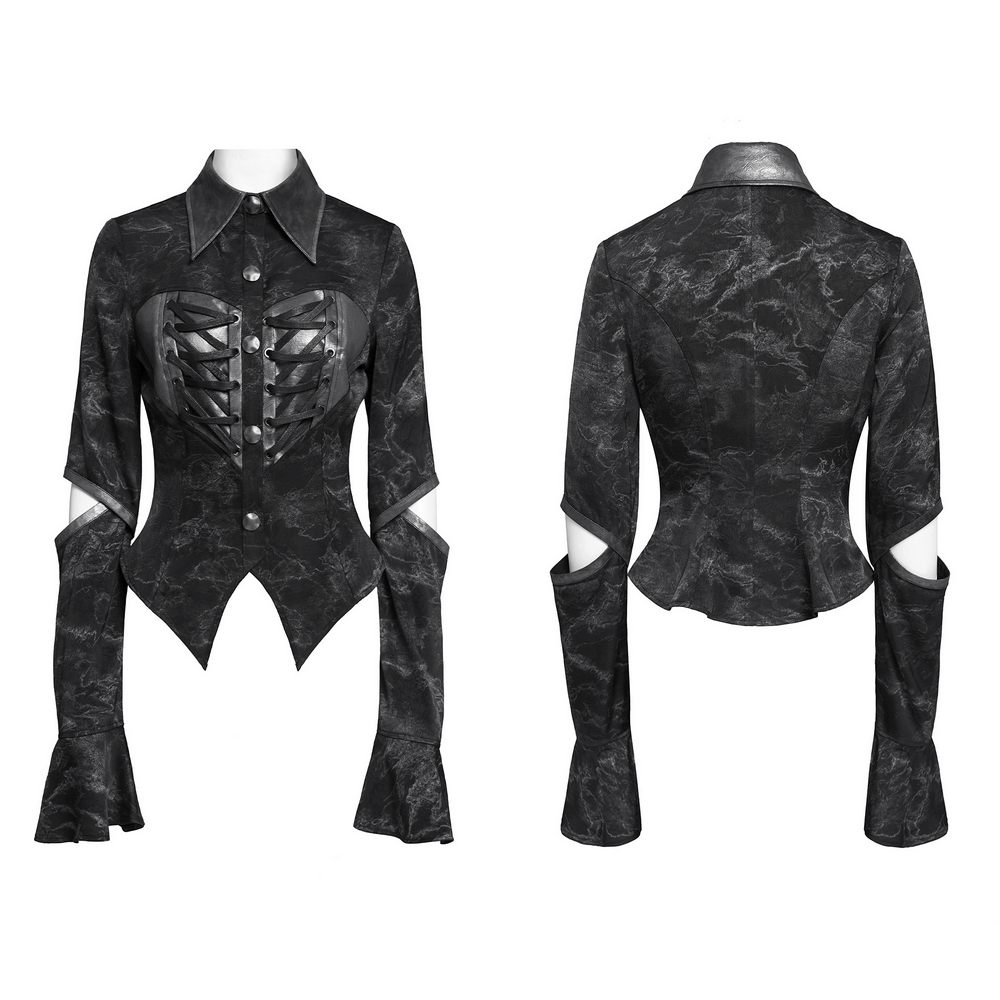 Gothic Black Lace-Up Shirt with Cut-Out Sleeves