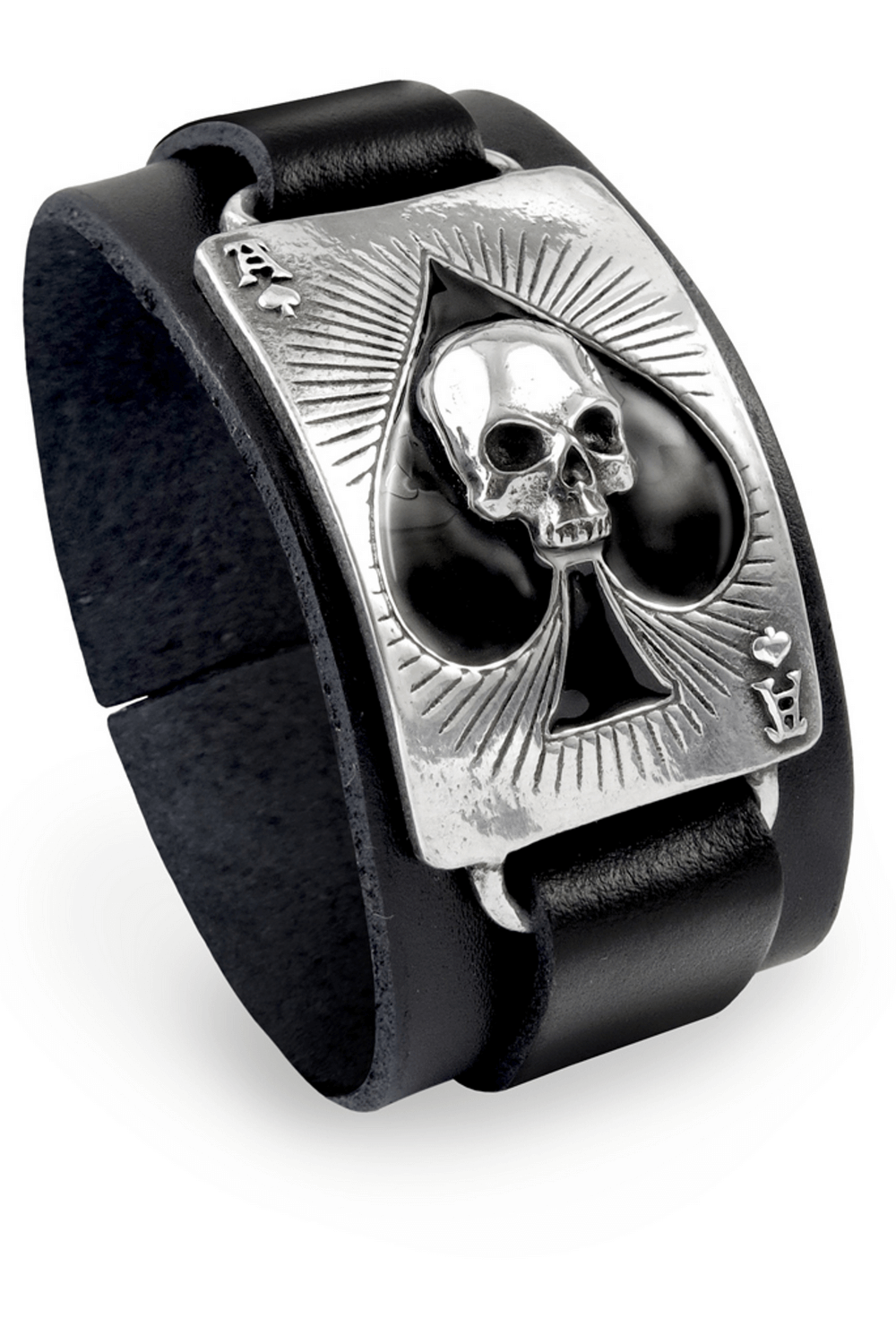 Gothic Black Leather Skull and Spade Card Wristband